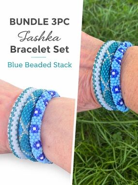 Sashka Bracelet 3PC Blue White Silver Fair Trade Beaded Bracelets Boho Stacked